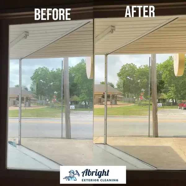 Before and after commercial window cleaning in downtown Mountain View Arkansas